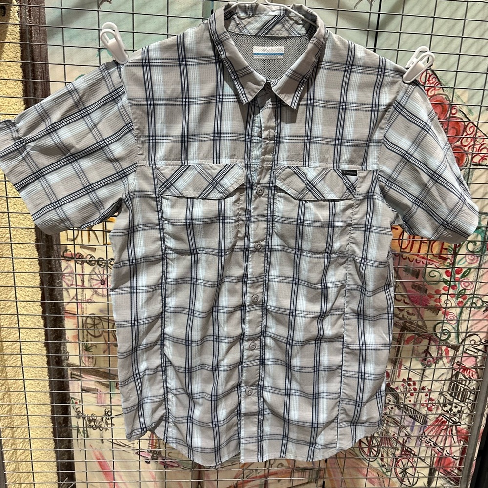 Columbia button up Shirt Adult medium Regular Fit Plaid Blue / Gray MENS